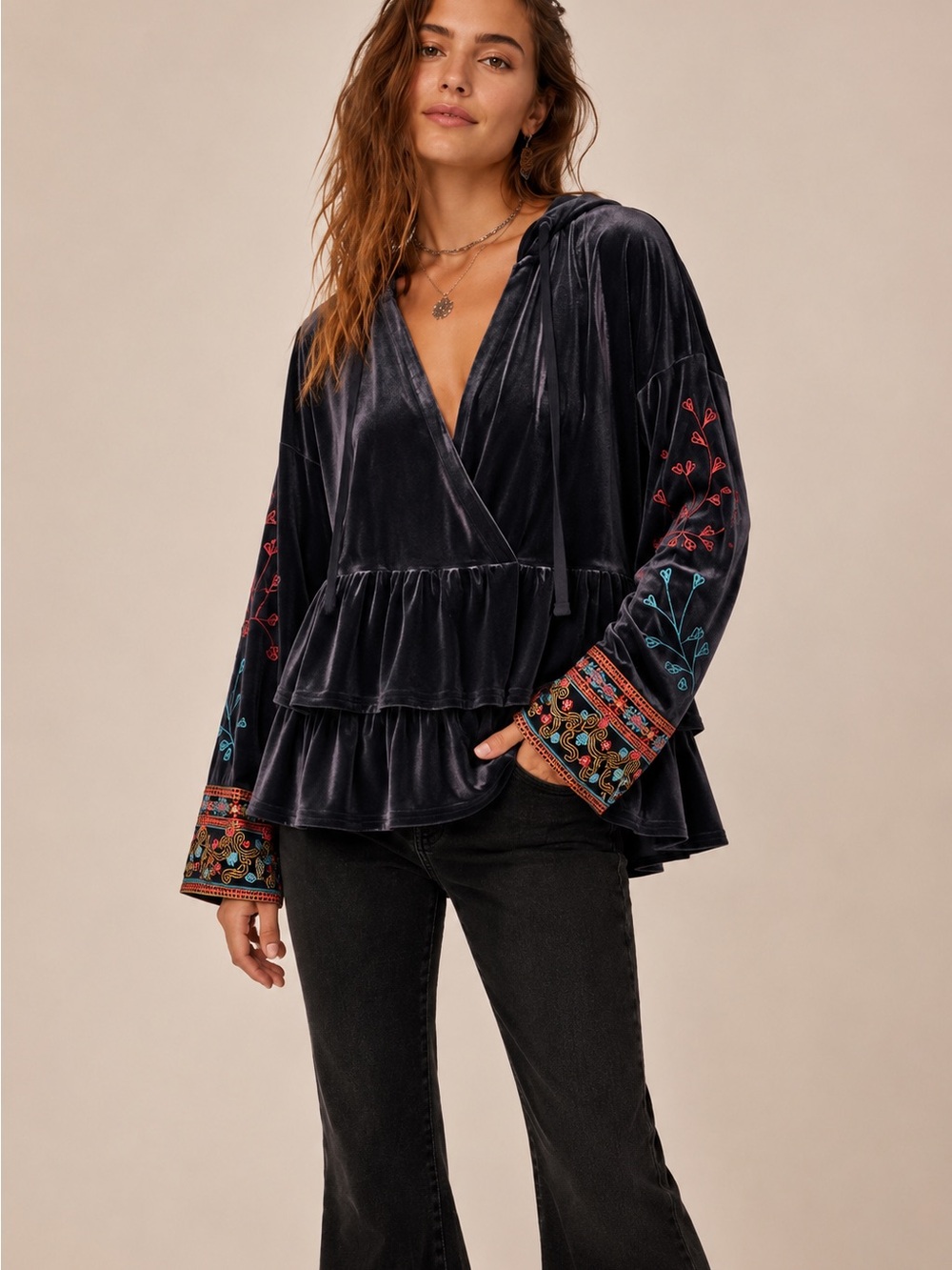 Savanna Jane Embroidered Velvet Hooded Faux Wrap Peplum Top | Boho Boutique